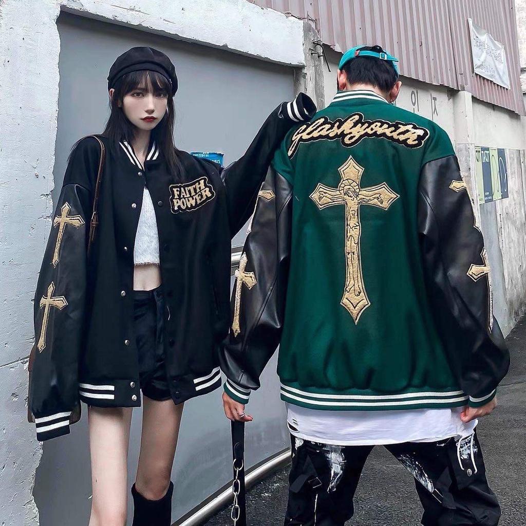 Áo bomber Miuzi unisex,áo bóng chày thêu hình thánh giá phối tay da DT048