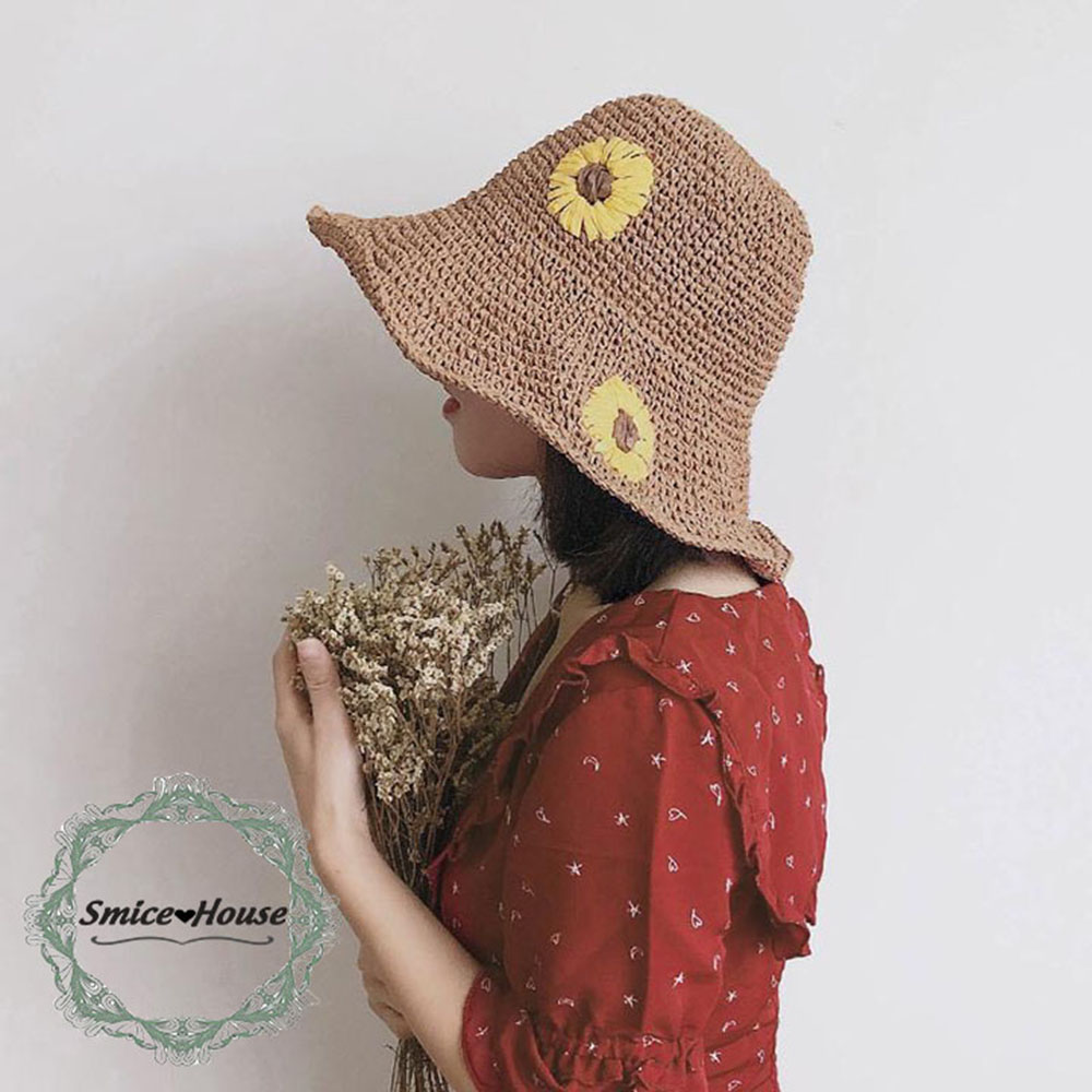 Nón cói mềm thêu hoa hướng dương đi biển đi du lịch/ mũ cói nữ vành rộng che nắng mùa hè có thể gấp gọn có dây điều chỉnh size - Smice House