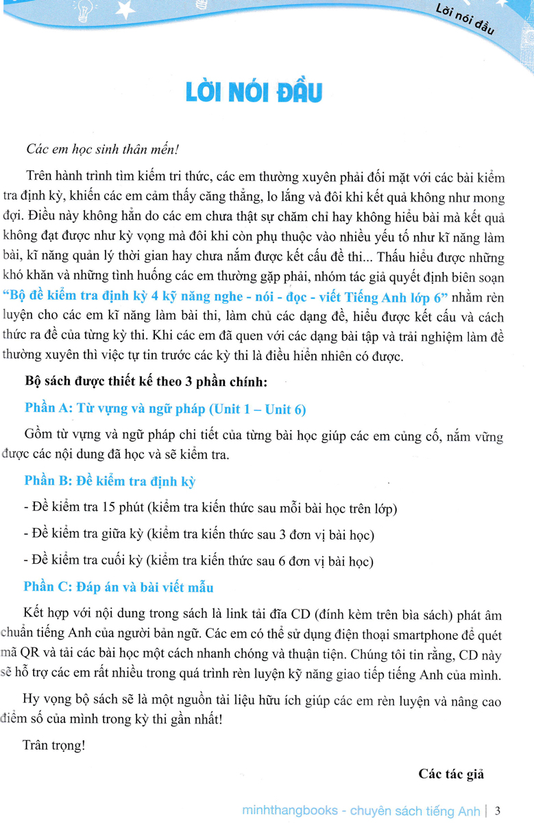 Bộ Đề Kiểm Tra Định Kỳ 4 Kỹ Năng Tiếng Anh Lớp 6 - Tập 1 (Có Đáp Án) _MT