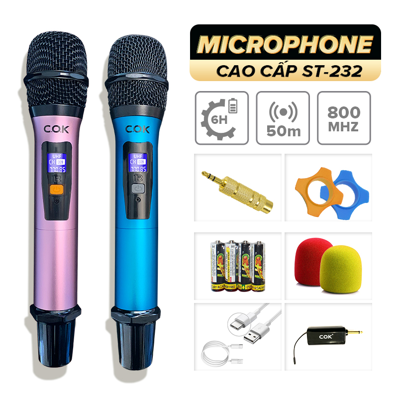 Micro không dây C.O.K ST-232 (2 Mic), Dành cho loa kéo &amp; dàn âm ly, Jack 6.5, bắt âm tốt - Hàng chính hãng 100%