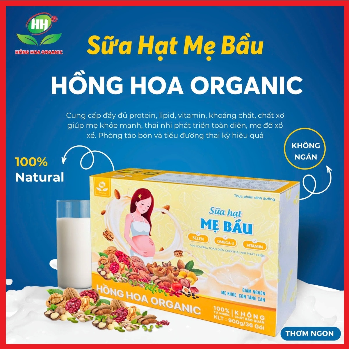 Sữa hạt Mẹ bầu Hồng Hoa Organic 36gói 900gr – Giảm nghén, Mẹ khoẻ, phòng táo bón và tiểu đường thai kỳ, thai nhi phát triển toàn diện