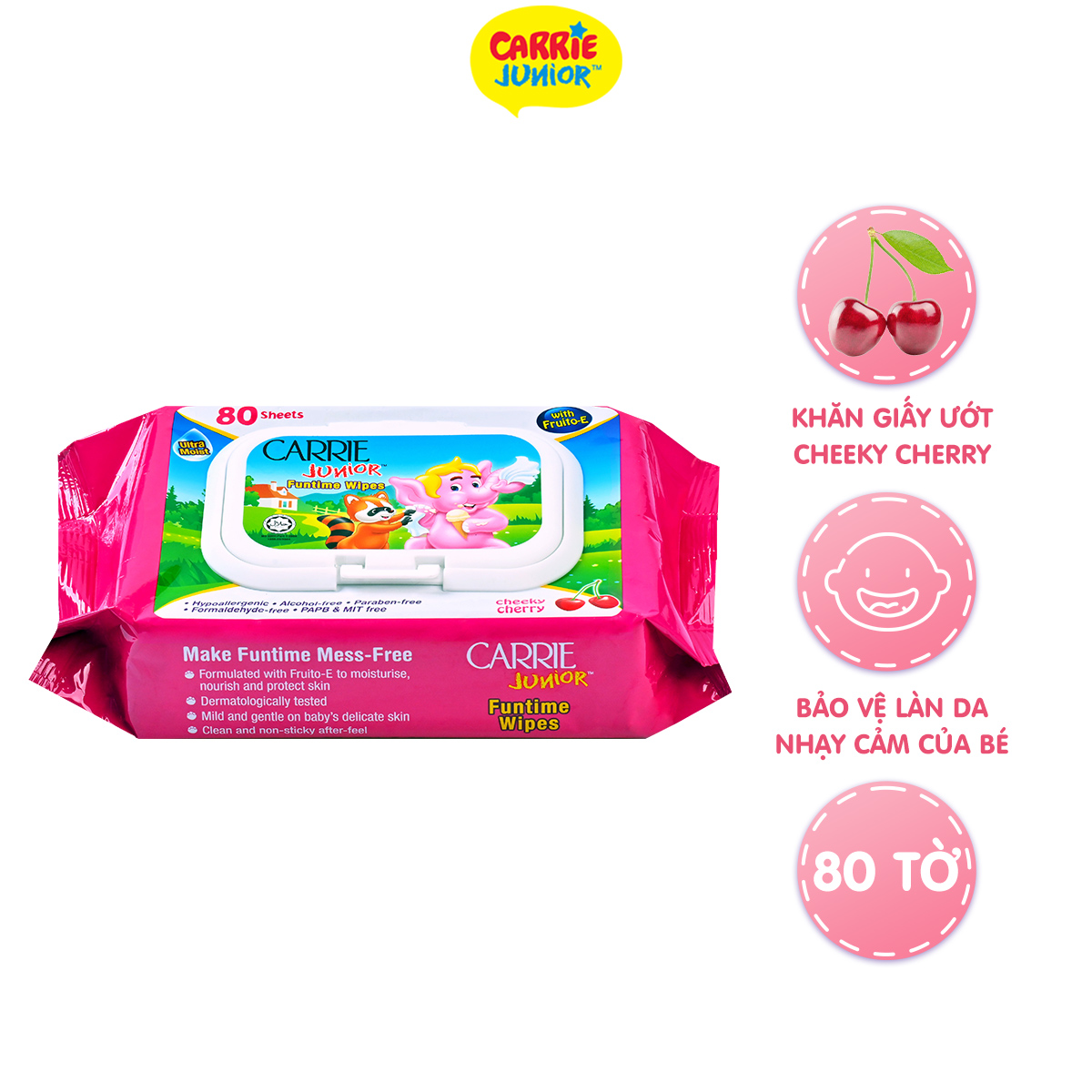 Khăn Giấy Ướt Carrie Junior Funtime Cheeky Cherry 80 tờ/ gói