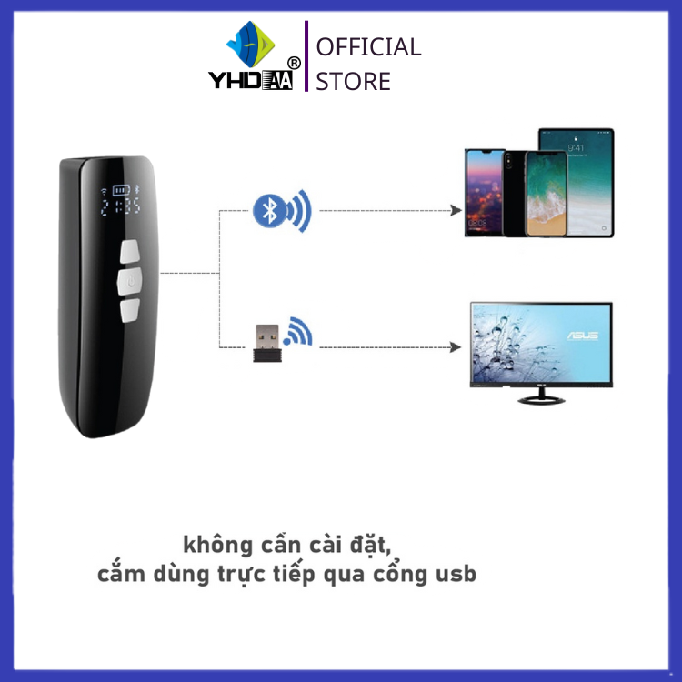 Máy quét mã vạch Qrcode Mini YHD 3200DB 2D, Máy đọc mã QR kết nối Bluetooth/ 2.4G dùng trên Điện thoại, PC - Hàng nhập khẩu