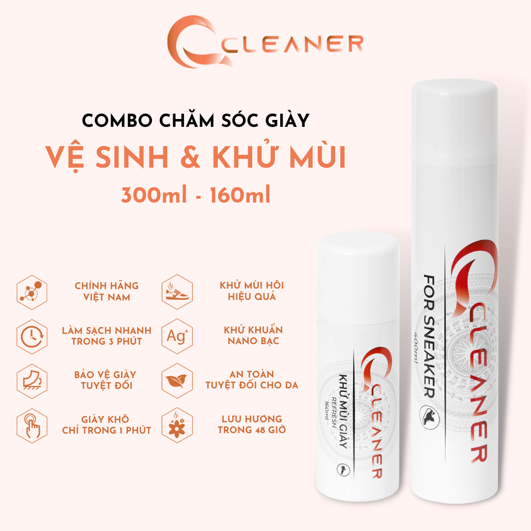 COMBO Chăm sóc giày Q Cleaner gồm Bọt tuyết vệ sinh giày và Bình xịt khử mùi giày - Xuất xứ tại Việt Nam - EU