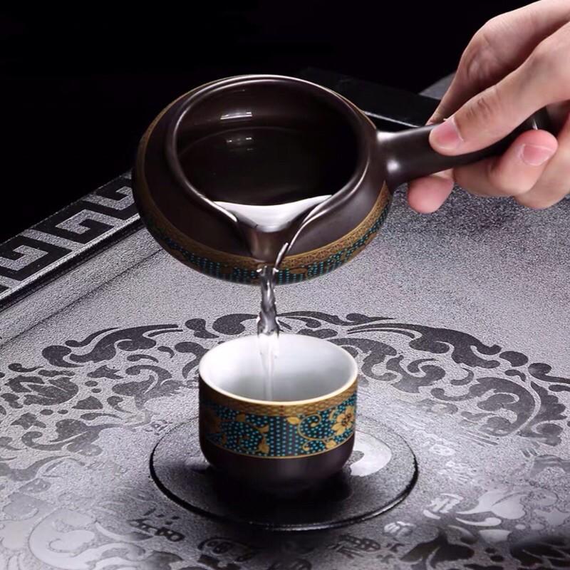Bộ ấm chén pha trà đẹp Cối xay gốm sứ cao cấp,Bộ chén uống trà đạo 18 chi tiết hoa cẩm xanh lòng chén trắng giá rẻ