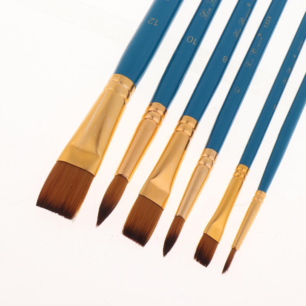 6 Pieces Wooden Flat Round Pointed Tip Nylon Hair Artist Paint Brushes for Art Painting, Acrylic Watercolor Oil, Nail Art, Miniature Painting
