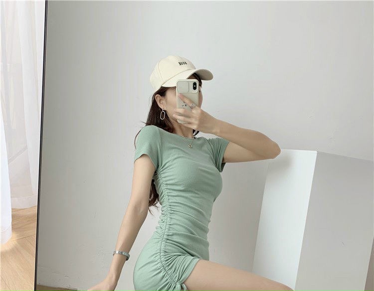 Đầm ôm body rút dây tay ngắn cổ tròn 2 màu siêu xinh chất thun gân dày mịn co dãn tốt mặc thỏa mái