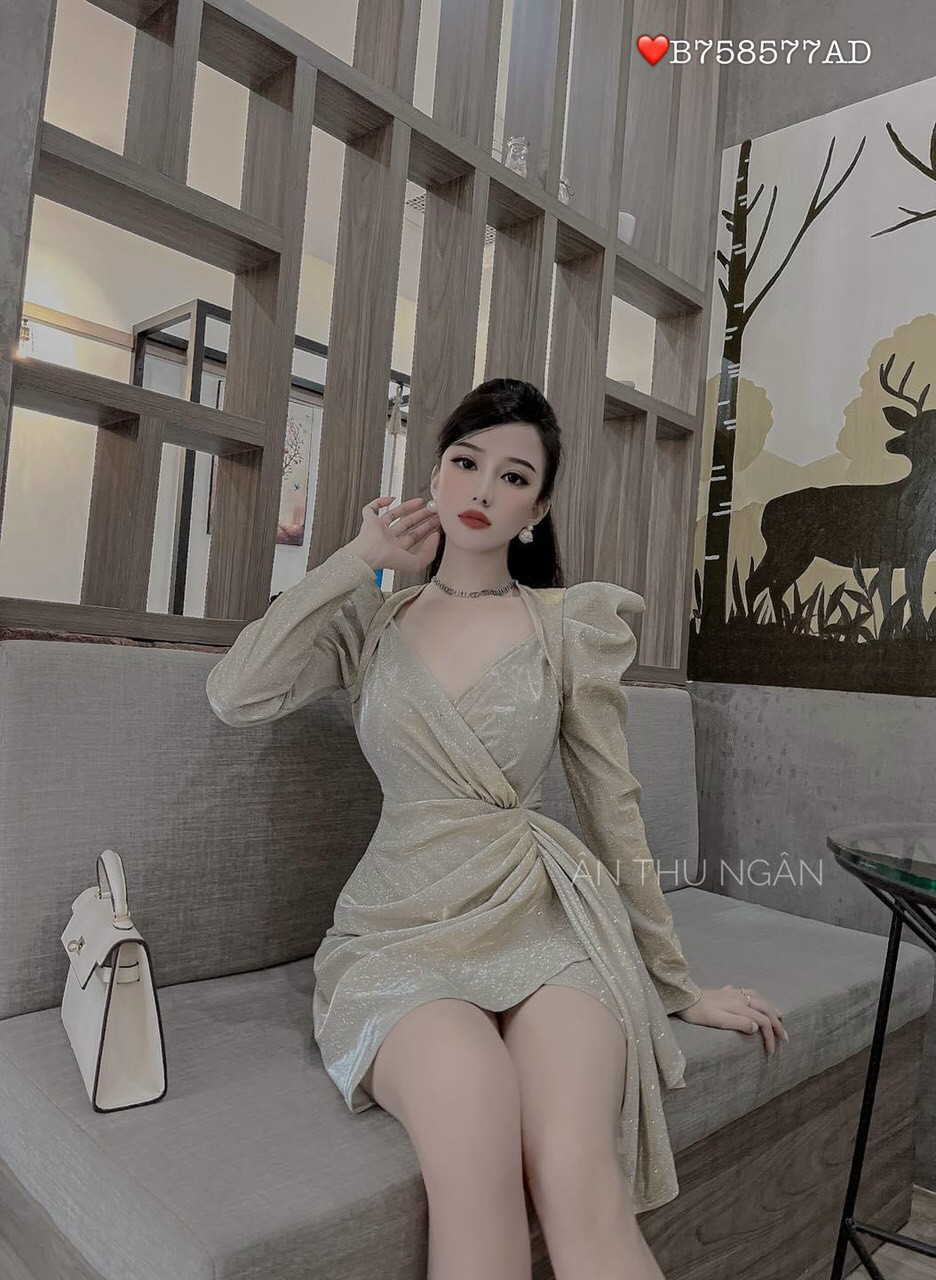 Đầm Body Nhũ Kim Tuyến Cao Cấp eo phối bèo cổ kiểu