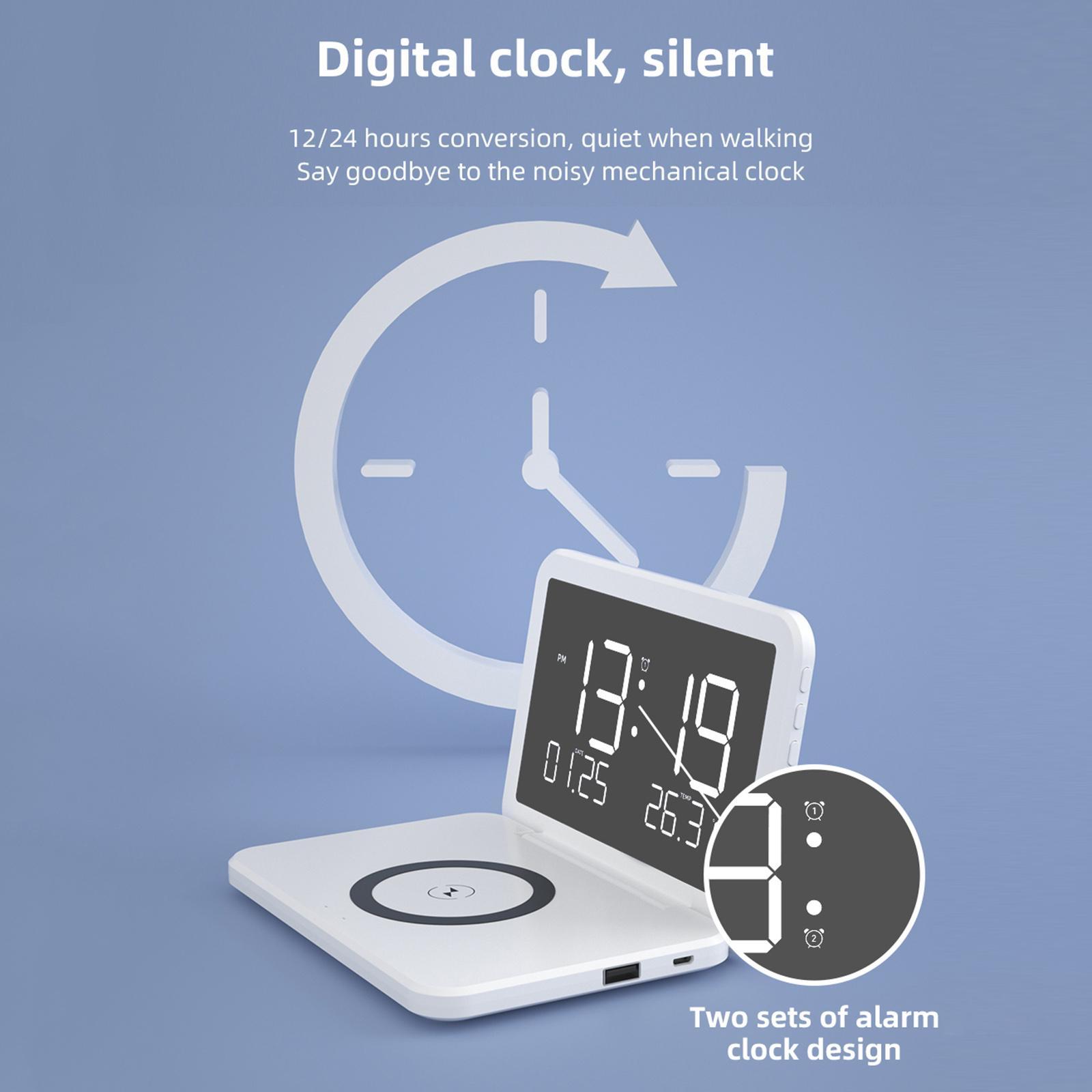 Alarm Clock with 15W Fast Wireless Charging Adjustable Brightness LCD Display for Bedroom