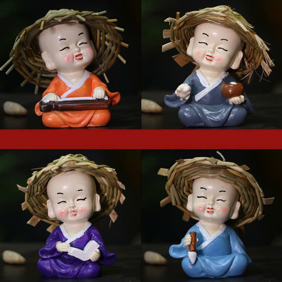 Bộ 4 chú tiểu nón rơm Cầm kỳ thi hoạ - Trang trí hồ cá, xe hơi, bàn làm việc,... (Hàng loại 1 sắc nét)