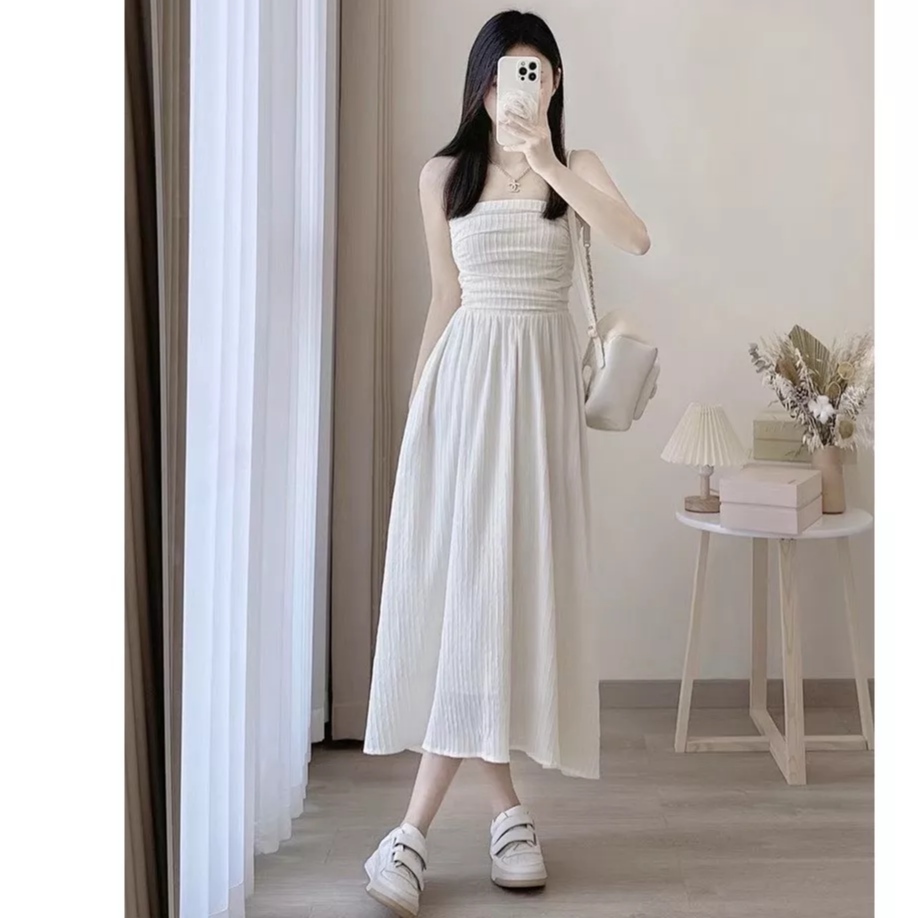 Đầm  2 DÂY TRẮNG NỮ CÚP NGỰC XẾP LY DÁNG DÀI NỮ TÍNH
