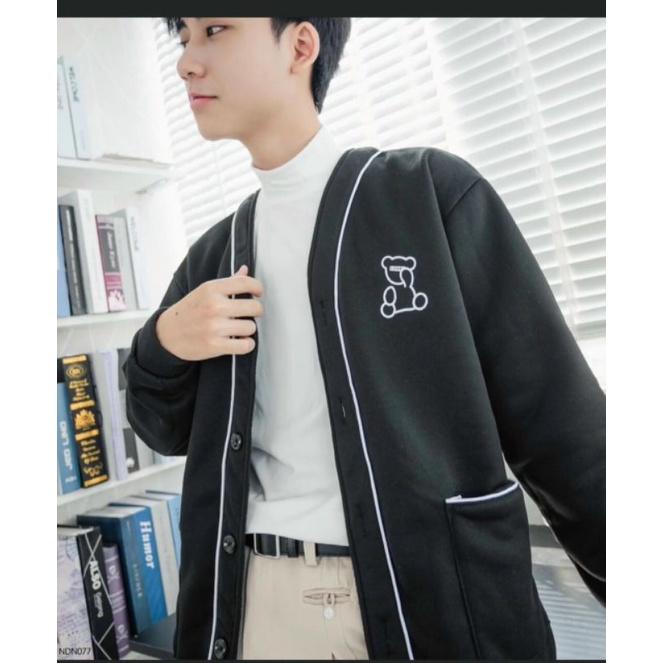 Áo cardigan unisex chất nỉ ngoại phối viền in gấu, mẫu áo khoác cài cúc form rộng thời trang ulzzang