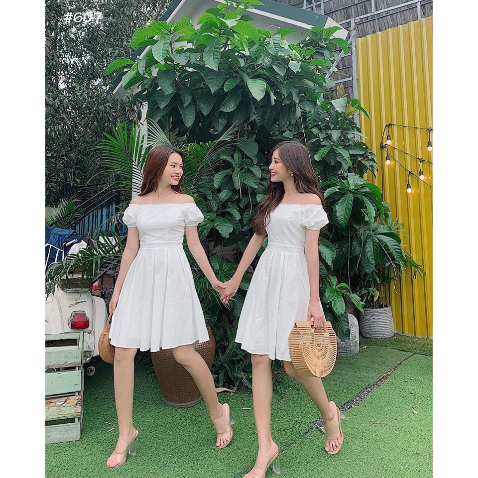 Đầm trắng xòe trễ vai phối ren dễ thương dịu dàng
