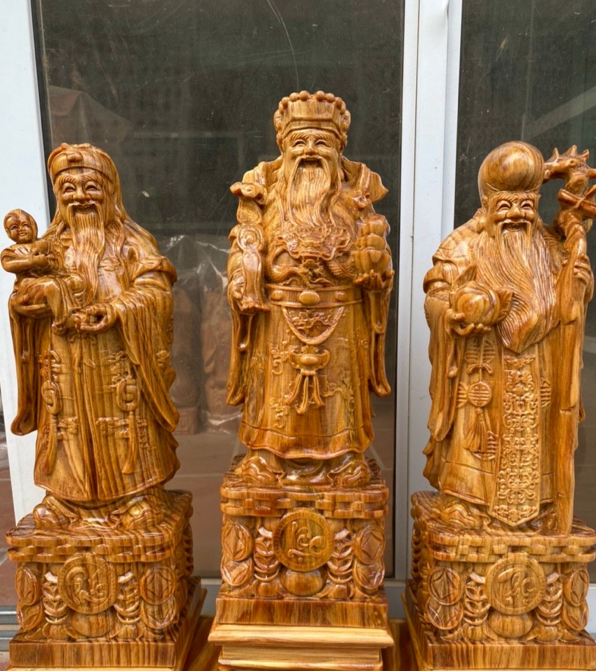 Bộ tượng phật tam đa phúc lộc thọ bằng gỗ huyết long mọng dầu đẹp long lanh cao 50×15×12cm