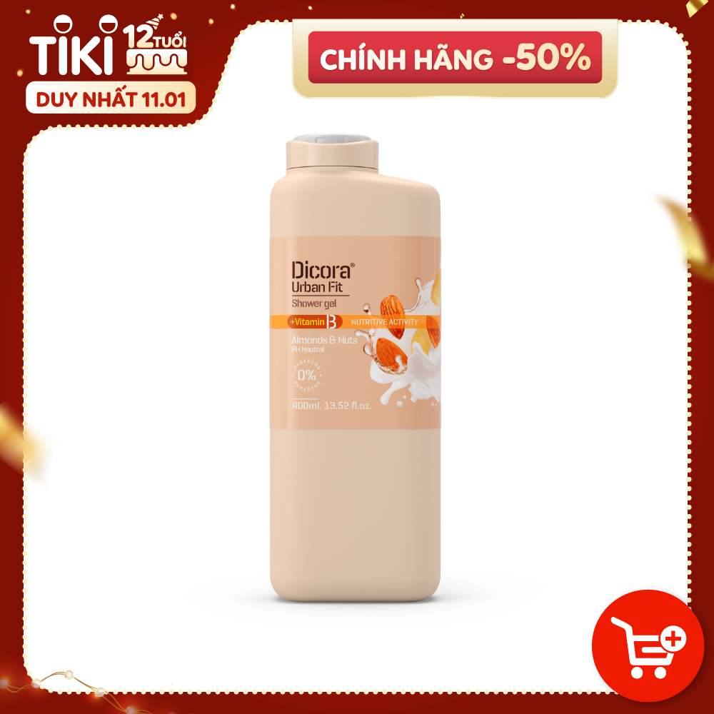 Sữa tắm dưỡng da Dicora Urban Fit almonds &amp; nuts vitamin B hạnh nhân &amp; các loại hạt giúp tăng cương độ ẩm 400ml