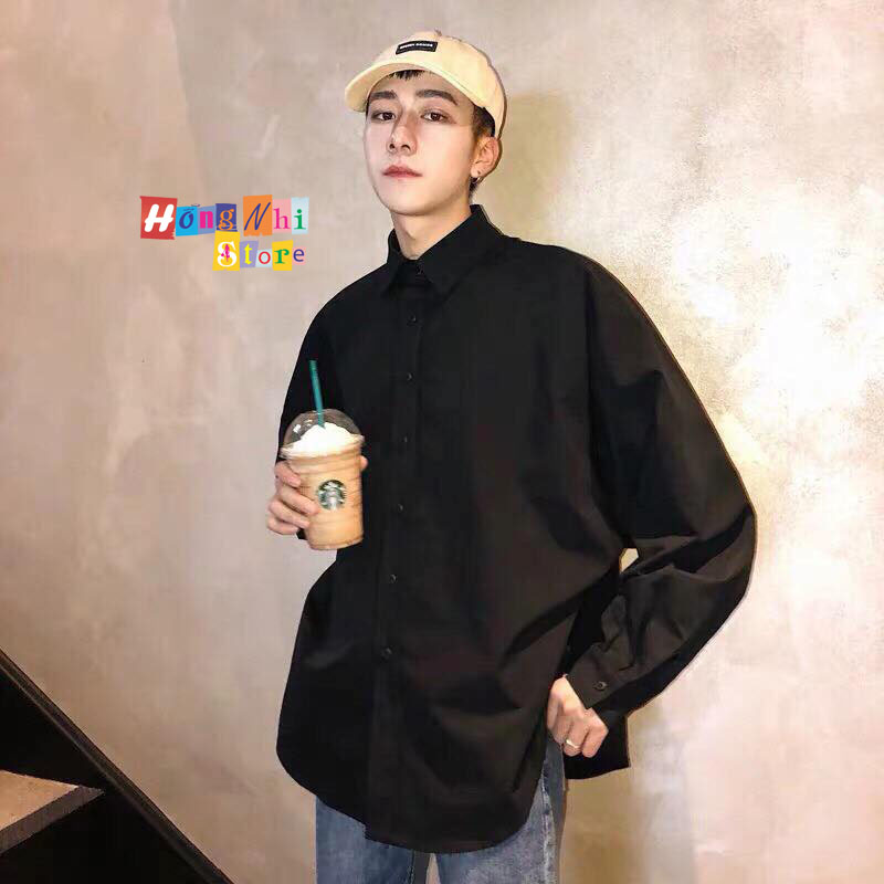 Sơ Mi Trơn Dáng Rộng Basic Unisex Tay Dài Màu Đen - MM - M