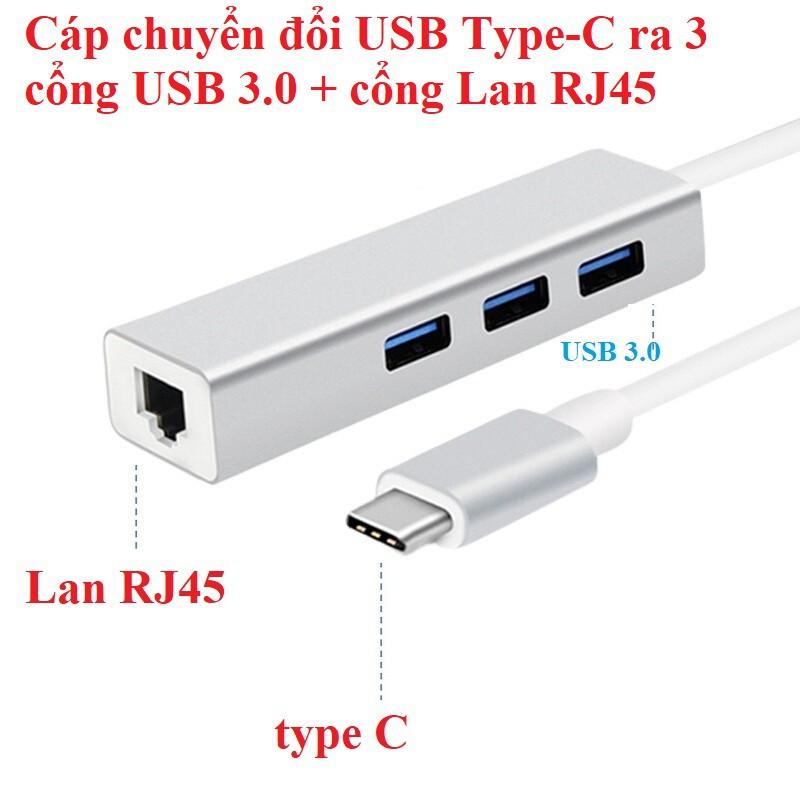 Cáp chuyển đổi USB type C ra 3 cổng USB 3.0 +cổng lan RJ45 vỏ hợp kim nhôm