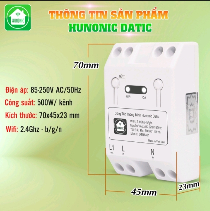 Công Tắc Thông Minh Wifi Hunonic Datic 1 Kênh 500W/220V Điều Khiển Thiết Bị Từ Xa Qua Điện Thoại, Hẹn Giờ Tự Động.