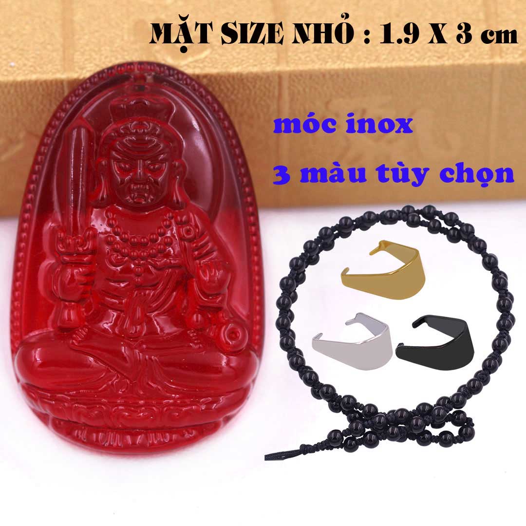 Mặt Phật Bất động minh vương pha lê đỏ 1.9cm x 3cm kèm vòng cổ hạt chuỗi đá đen + móc inox vàng, Phật bản mệnh, mặt dây chuyền