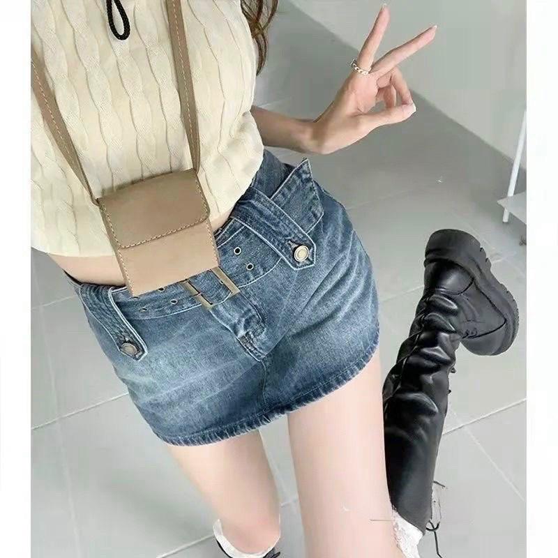 Chân Váy Jeans Nữ Dây Đai Dáng Ngắn Cạp Lưng Cao - XANH