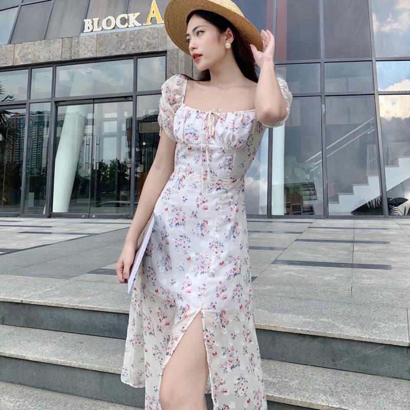 Đầm lụa hoa nhí thắt nơ ngực, xẻ tà, dáng xoè - AUDREY STUDIO