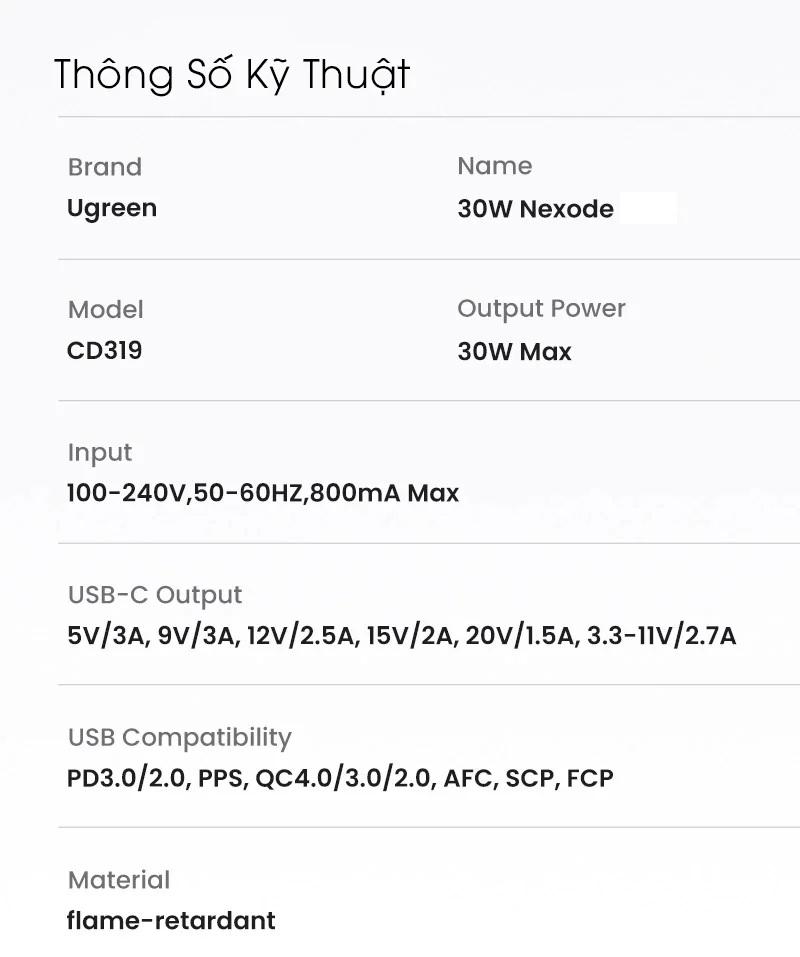 Ugreen UG15326CD319TK 30W 1c GaN Nexode chuẩn cắm EU chân tròn Màu Trắng Củ sạc nhanh 1 cổng USB type C - HÀNG CHÍNH HÃNG