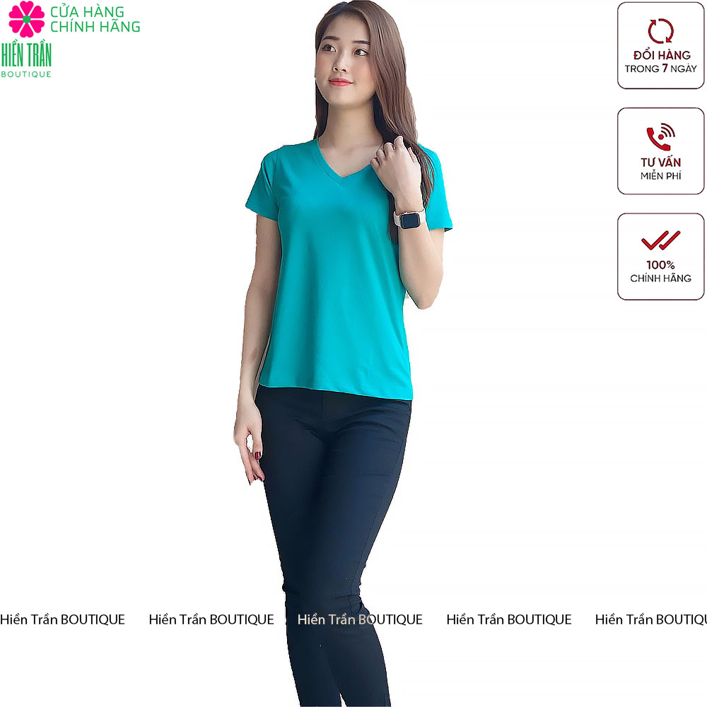 Áo phông nữ Hiền Trần BOUTIQUE cộc tay cổ tim chữ v thun trơn form rộng co giãn màu đen trắng cam bigsize thời trang basic