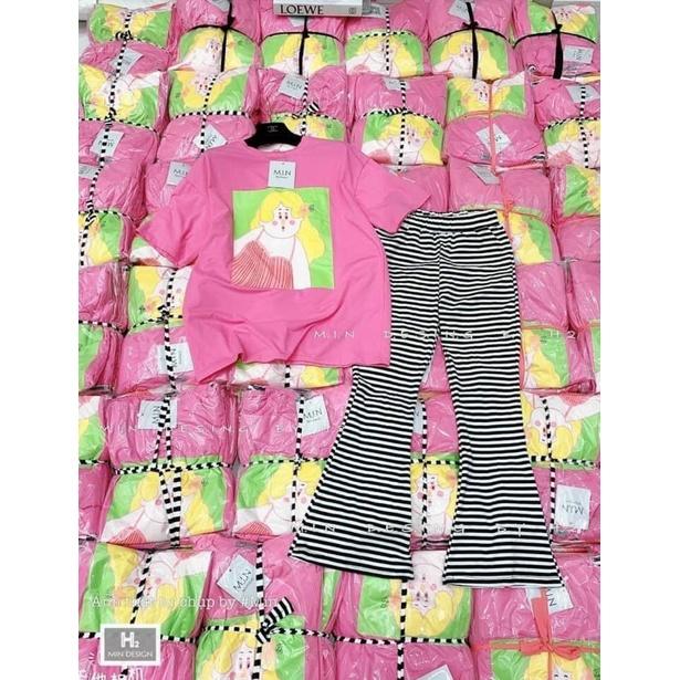 Set cotton quần kẻ loe cá tính