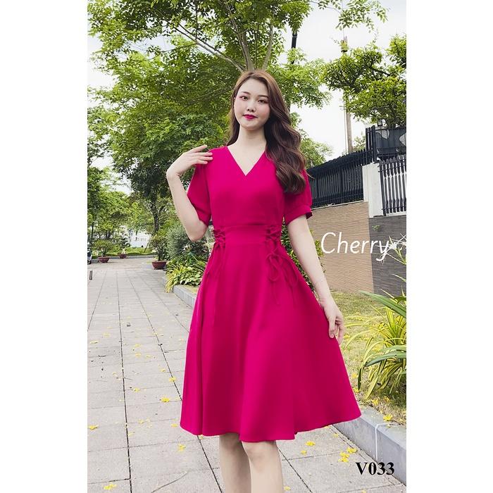 Đầm nữ công sở thiết kế chân váy dáng xòe Cherry váy nữ cổ tim ngắn tay thiết kế buộc eo đẹp đơn giản Cherry V033