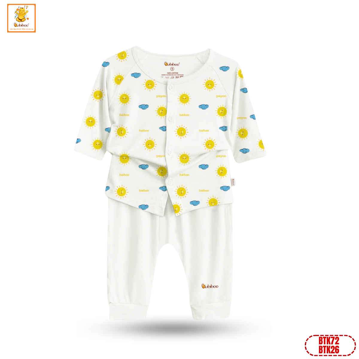 Bộ sơ sinh dài tay Babiboo quần áo tay dài cài giữa bé trai, bé gái chất viscose mềm mát BTK72+BTK26