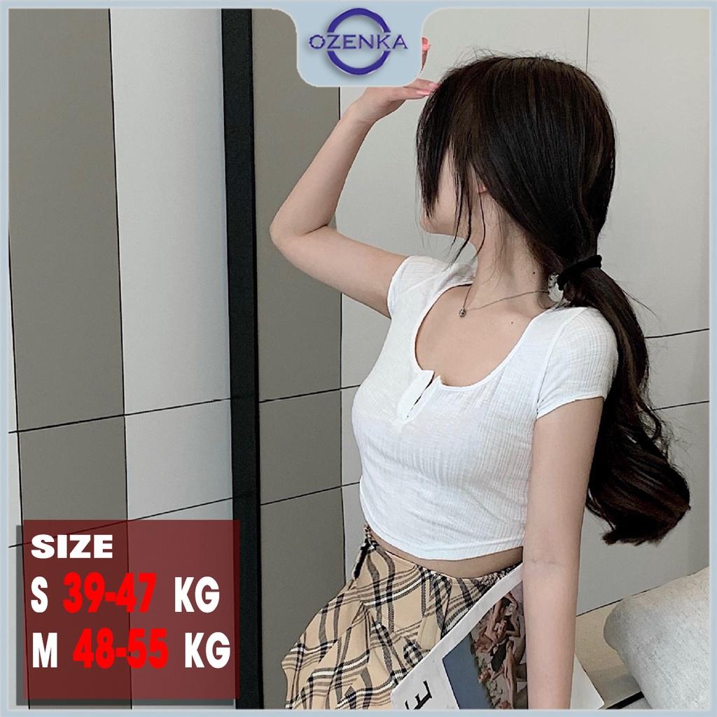 Áo croptop cổ vuông vạt bầu cài khuy nữ ozenka , áo crt kiểu cổ rộng gợi cảm cotton đen trắng dưới 55 cân