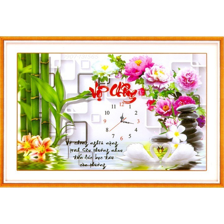 Tranh thêu chữ thập đồng hồ uyên ương LV3144 - 64 x 43 cm - chưa thêu