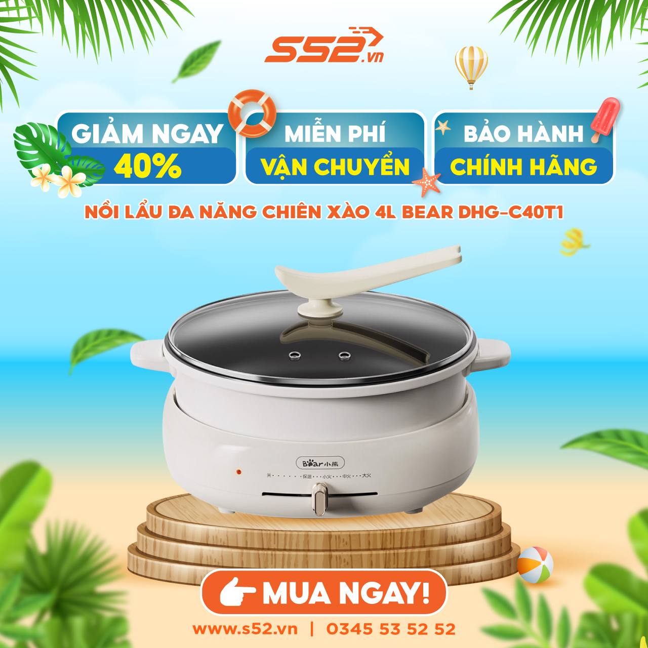 Bộ Nồi Lẩu Nướng Bear 3 khay 3in1 DHG-C40W2- Hàng chính hãng.