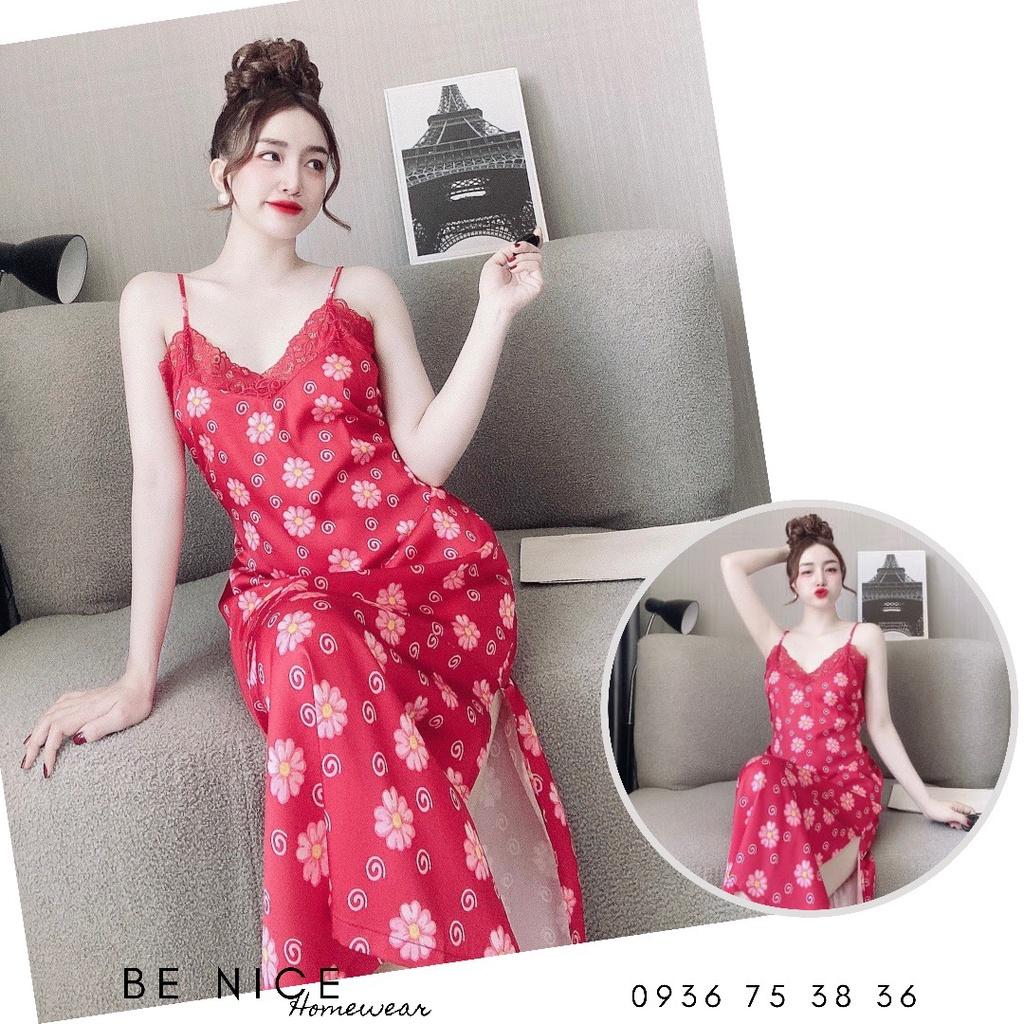 Váy lụa dây mặc nhà sexy phối ren xẻ hai bên xinh xắn Be Nice Homewear