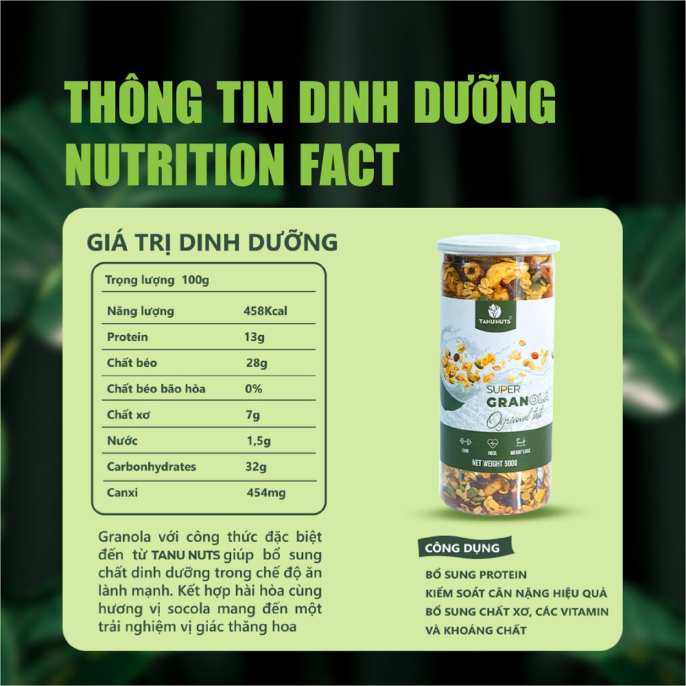 Granola siêu hạt 15% yến mạch TANU NUTS, ngũ cốc ăn kiêng giảm cân không đường tốt cho gym, yoga