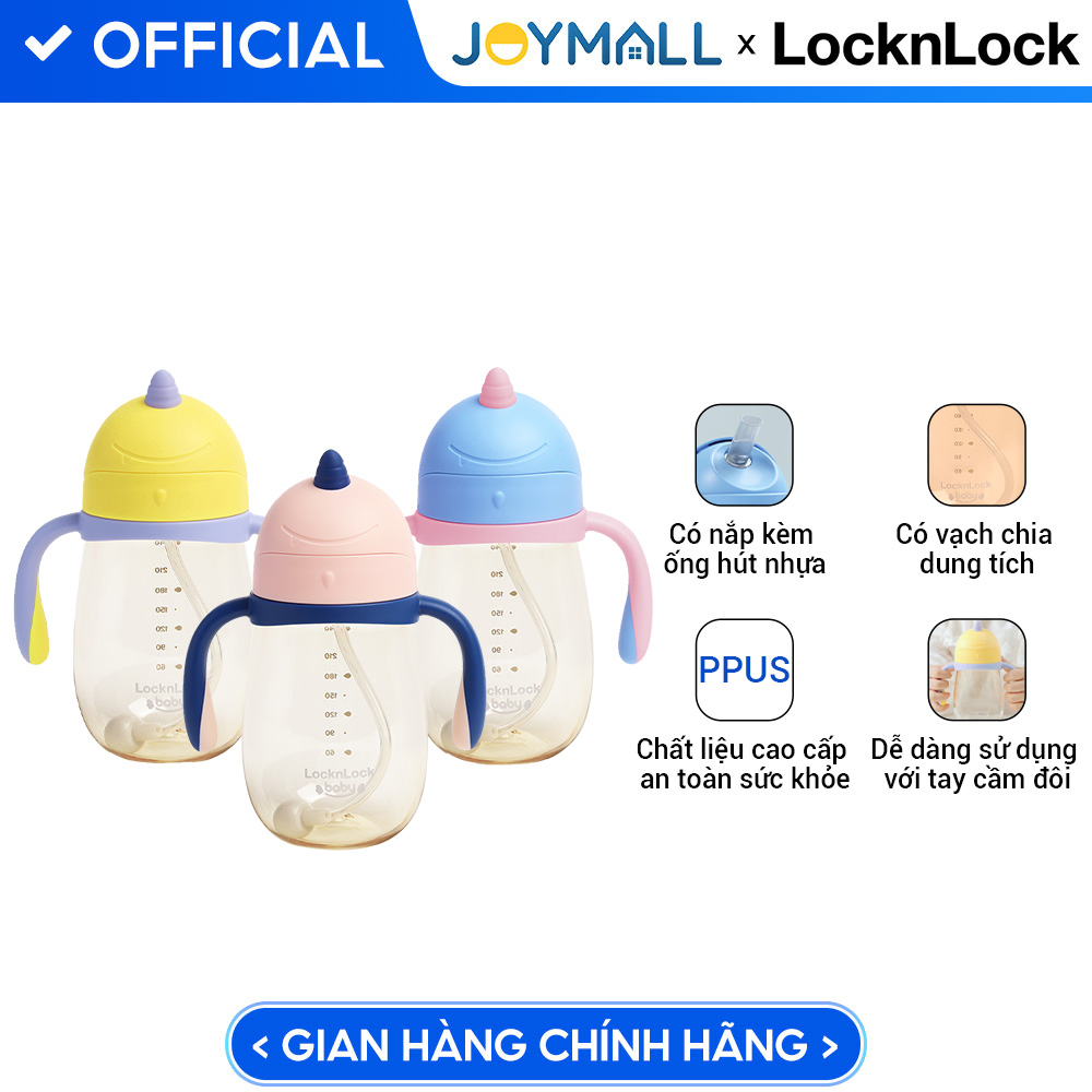 Bình nước nhựa LocknLock 330ml HAP911 Unicorn Kids, Hàng chính hãng, kèm ống hút silicone, tay cầm, họa tiết xinh - JoyMall