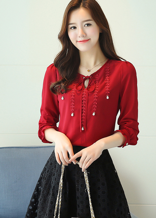 Áo Kiểu Nữ Phối Ren Đính Ngọc Trai BY6320 - Đỏ Size L
