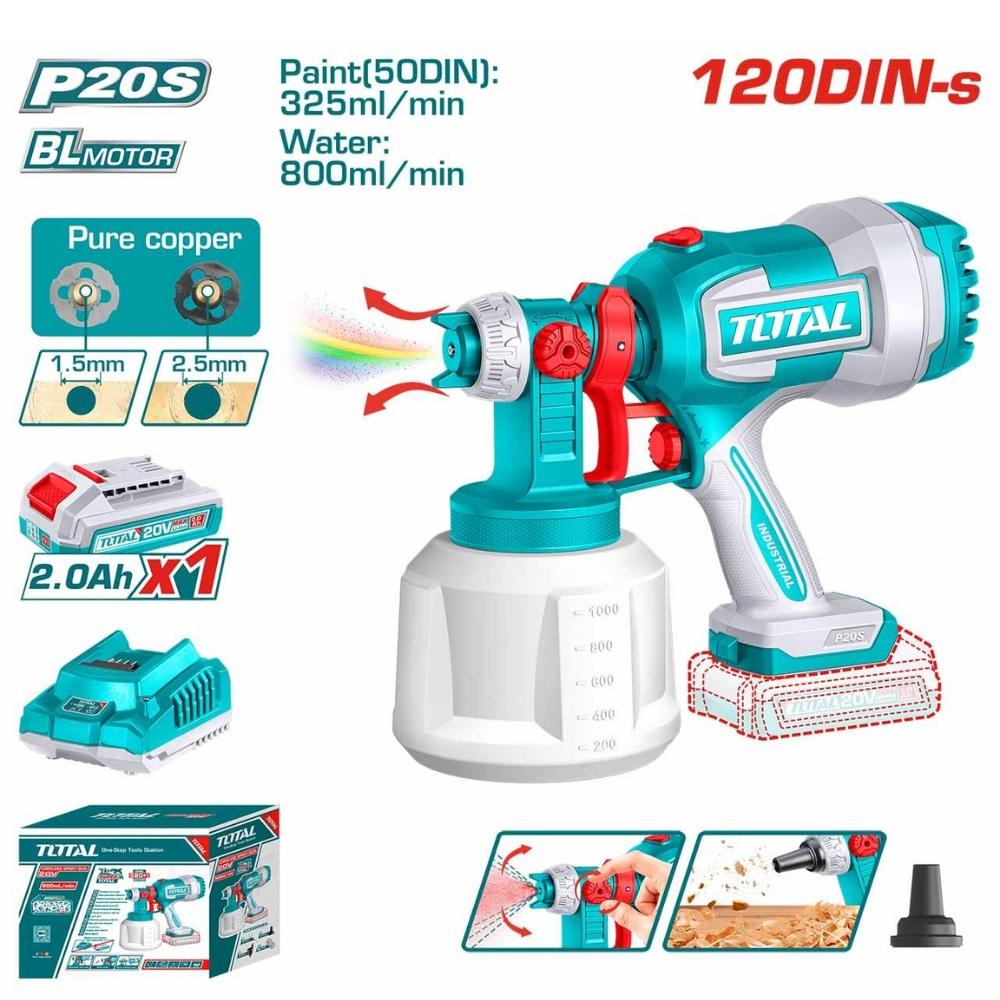 MÁY PHUN SƠN KHÔNG CHỔI THAN DÙNG PIN 20V 2BAR TOTAL TSGLI20042 - HÀNG CHÍNH HÃNG