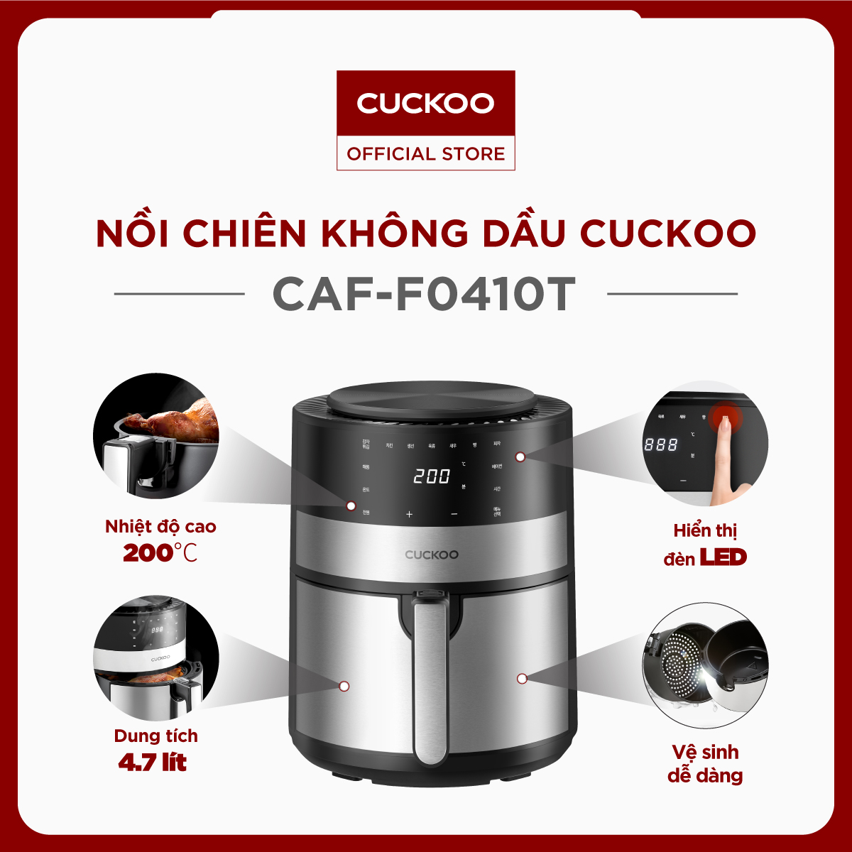 Nồi chiên không dầu điện tử Cuckoo 4.7L CAF-F0410T - Công suất 1350W - Giỏ chiên chống dính, không cần lật trở - Màn hình LED thông minh - Chất lượng Hàn Quốc - Hàng chính hãng Cuckoo Vina