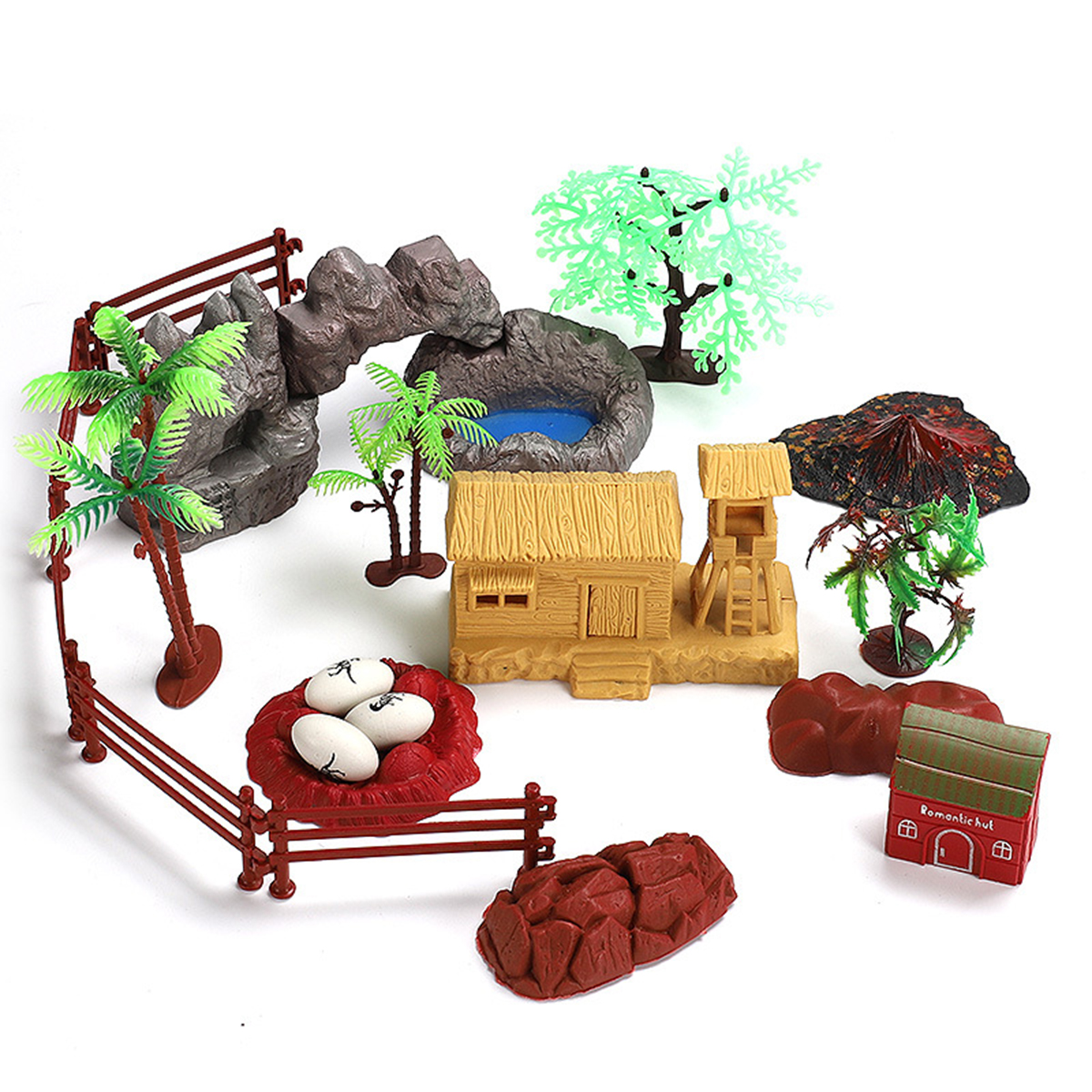 Mô hình 21 món hàng rào, đá, nhà & phụ kiện bổ sung cho bộ đồ chơi động vật 60 chi tiết - New4all