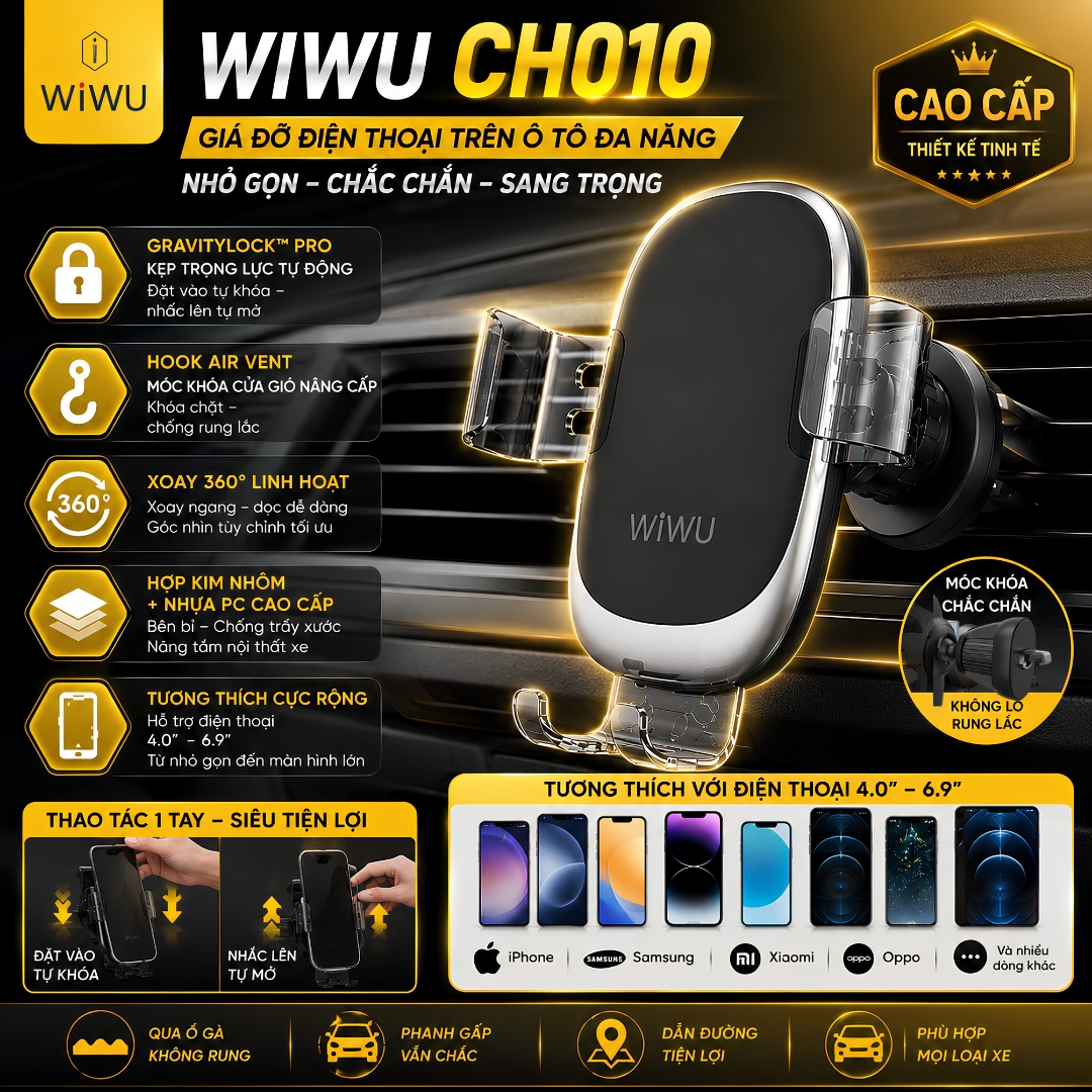 Giá đỡ điện thoại trên ô tô GravityLock Pro đa năng WiWU CH010 - Kẹp trọng lực tự động | Móc khóa cửa gió chống rung | Xoay 360° | Hợp kim nhôm cao cấp - Hàng nhập khẩu