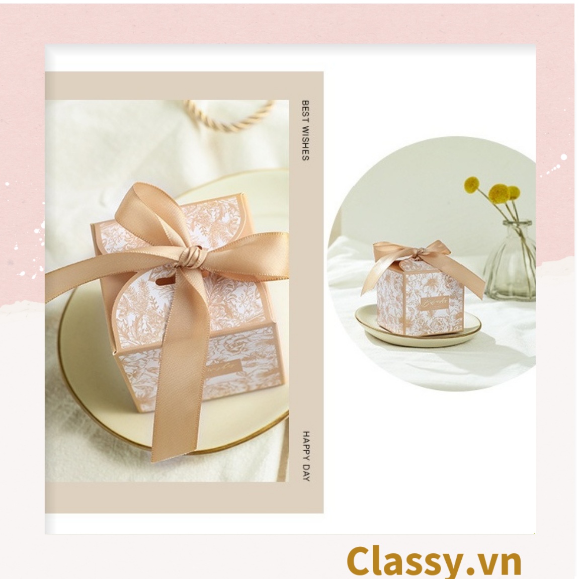 Q794 Hộp giấy tự gấp đựng quà tặng hình hộp vuông kèm ruy băng và quai xách nhựa cứng hoặc dù