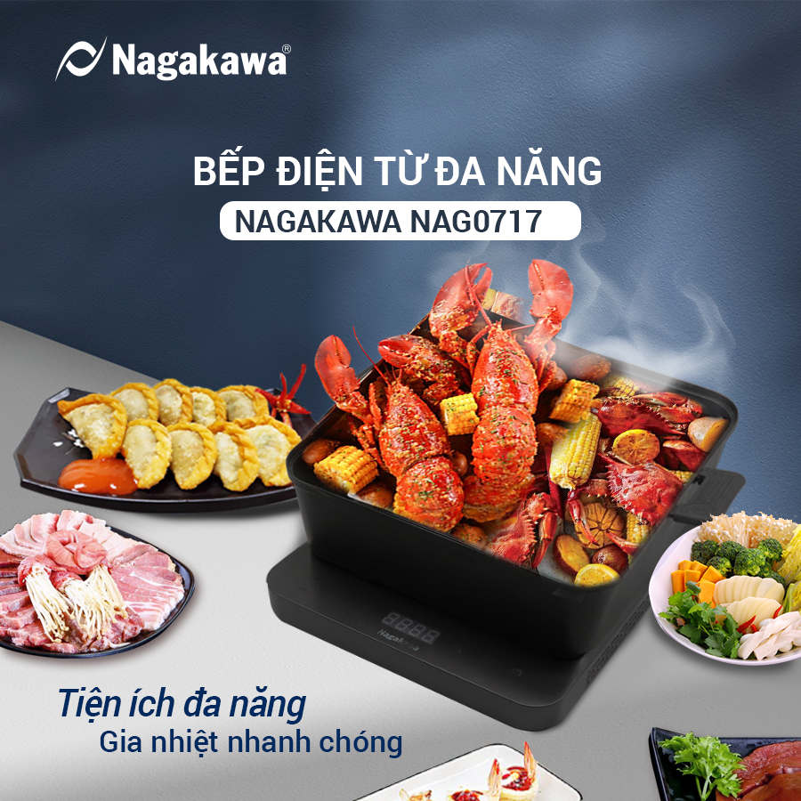 Bếp điện từ đa năng Nagakawa NAG0717 - Kèm nổi lẩu và vỉ nướng chuyên dụng - Hàng chính hãng