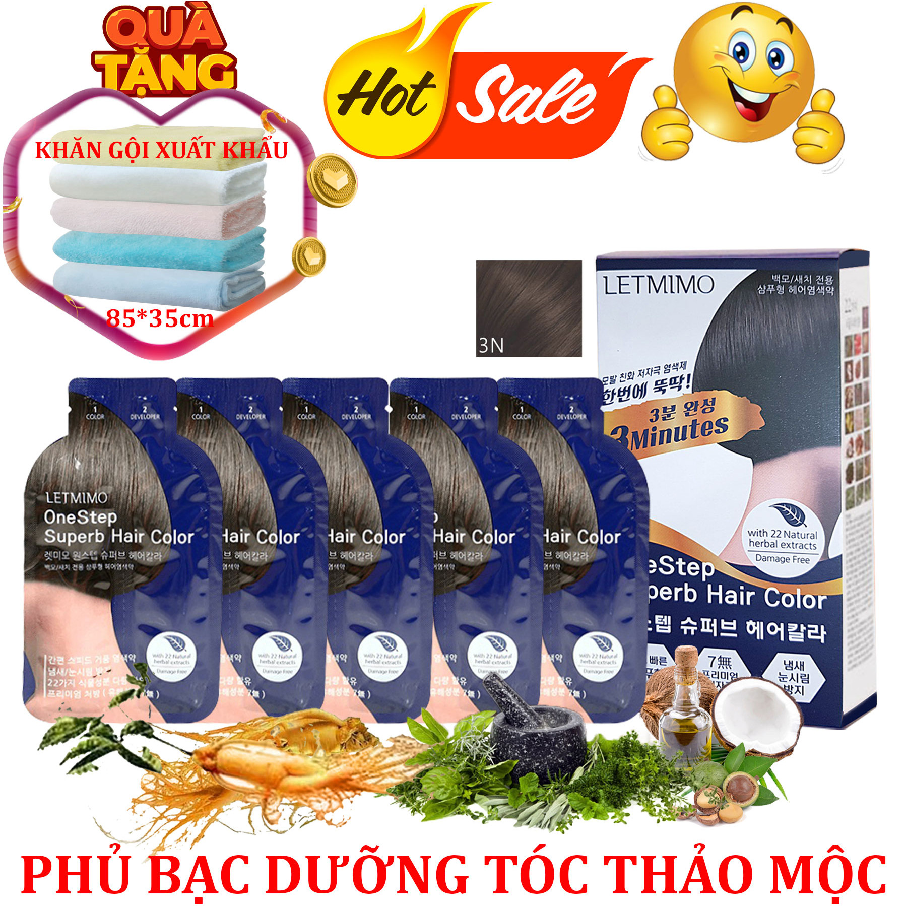 Thuốc nhuộm tóc, tại nhà, 22 Thành Phần Thảo Mộc Giàu Dưỡng Chất, 3N-Nâu Tự Nhiên Hộp 5 Gói, mỗi gói 24g + QUÀ TẶNG 1 Khăn Gội KT Dài 83*33cm