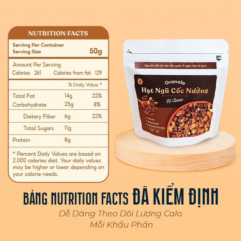 Granola nướng giòn tan - Vị Cacao túi 400g - Dùng mật dừa nước, 0 trái cây sấy, GI thấp - Hạt ngũ cốc giảm cân - HeydayCacao