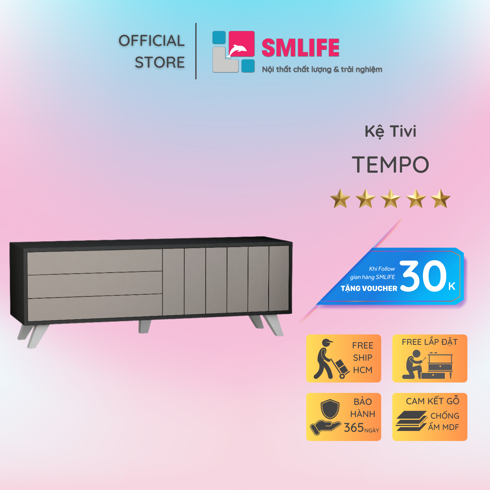 Kệ tivi gỗ hiện đại Tempo | Gỗ MDF dày 17mm chống ẩm | D140xR35xC45cm