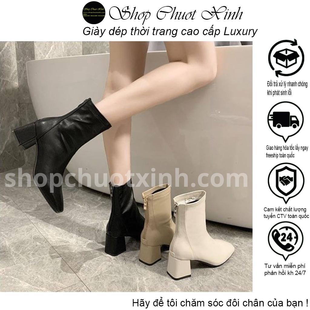 Boot nữ khóa sau hai màu đen kem cổ lửng da mềm hàng quảng châu full size nữ đủ phụ kiện box bv shopchuotxinh