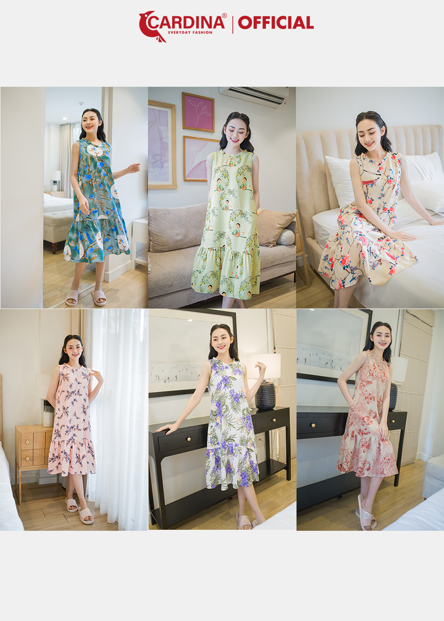 Đầm Nữ CARDINA Sát Nách Chất Lụa Mango Cao Cấp Kiểu Dáng Suông Cổ Bèo Họa Tiết Trẻ Trung 3VM02