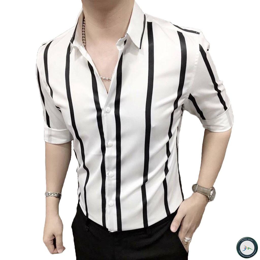 Áo Sơ Mi Nam Dài Tay Trắng Kẻ Sọc Đen Chất Vải Lụa Thô Cao Cấp Form Body Phong Cách Công Sở Trẻ Trung Năng Động