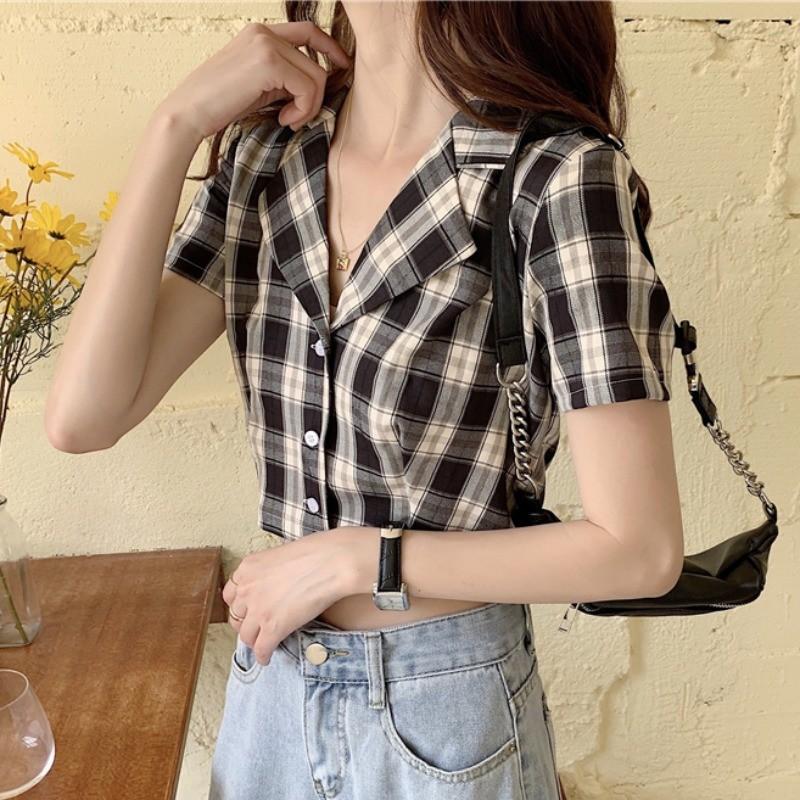 Áo croptop sơ mi cổ vest kẻ caro cao cấp dành cho nữ